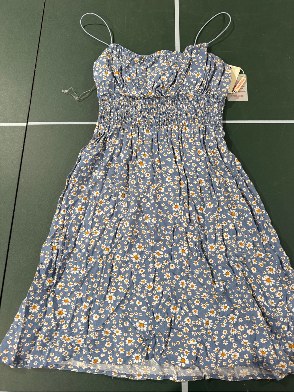 Blue Daisy-Print Smocked Mini Dress with Spaghetti Straps